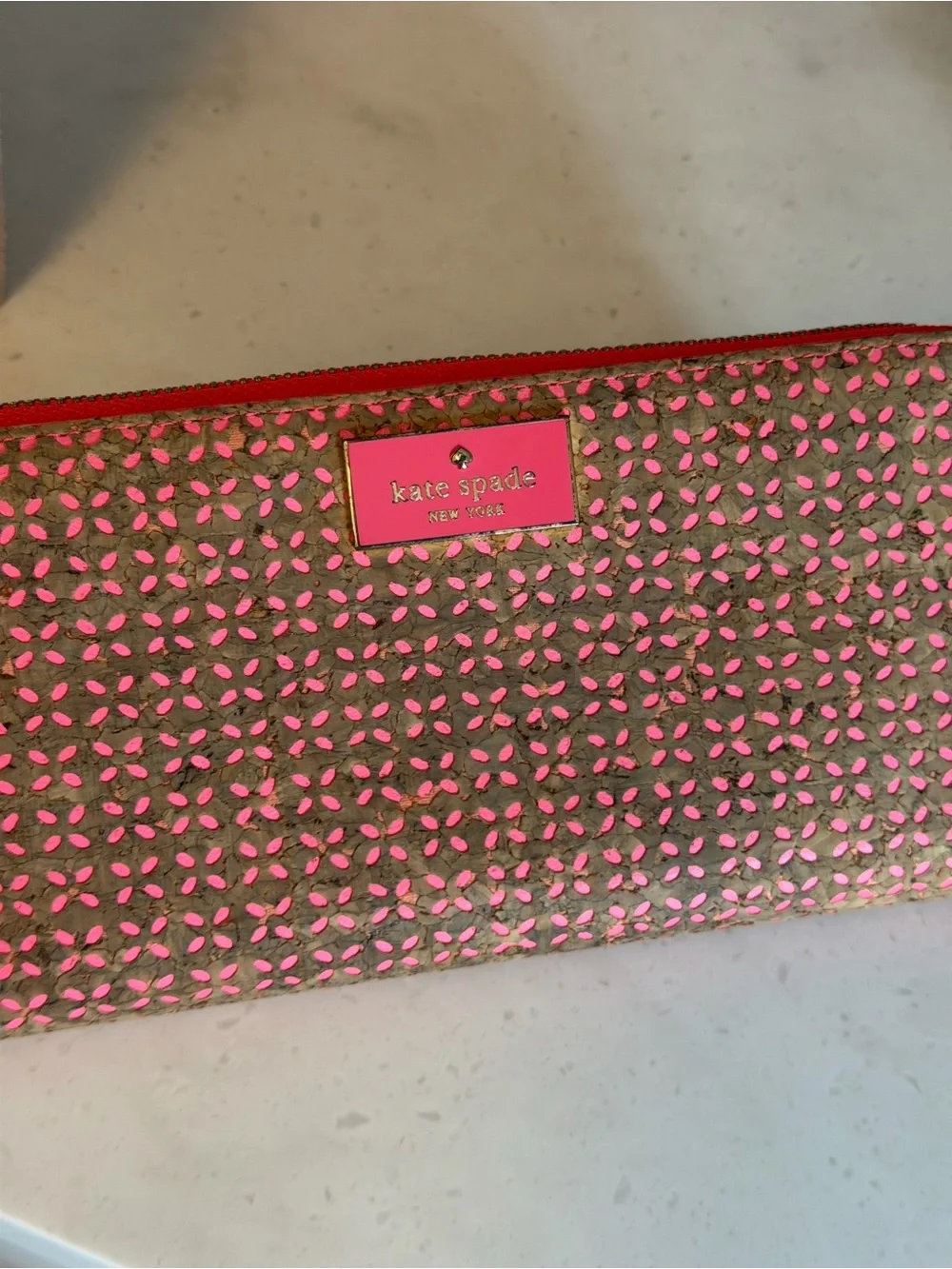kate spade EUC Brown double face zipper Wallet with Coral Underlay and Trim